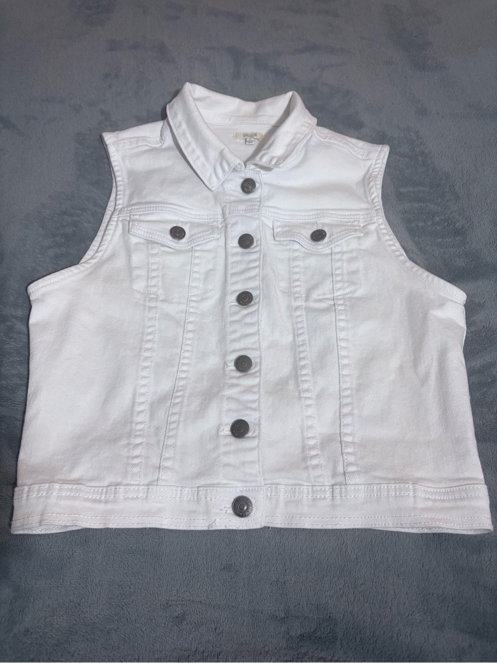 Chiqle Youth Large White Denim Vest Cropped Sleeveless Button Pockets Jacket